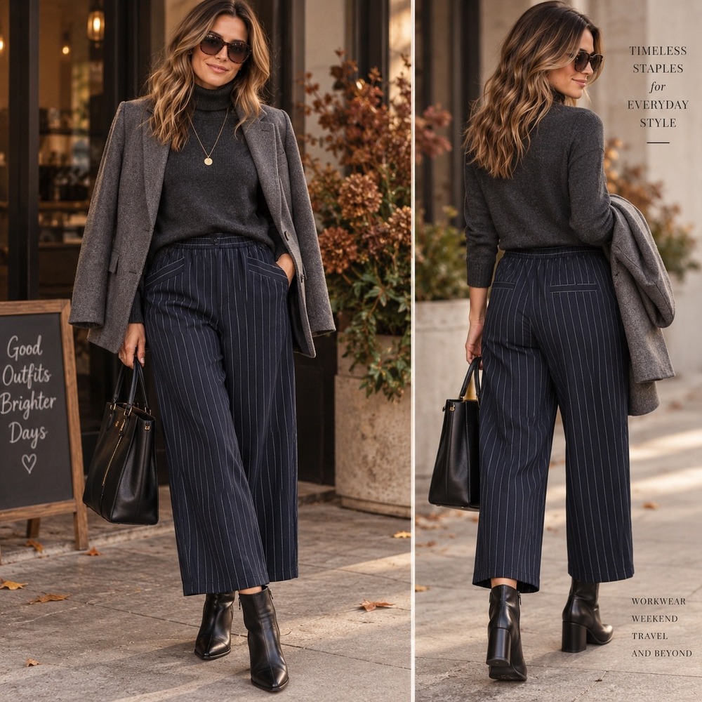 Eileen Fisher NWT S Indigo Pinstripe Tencel Wide Leg Crop Pants $238